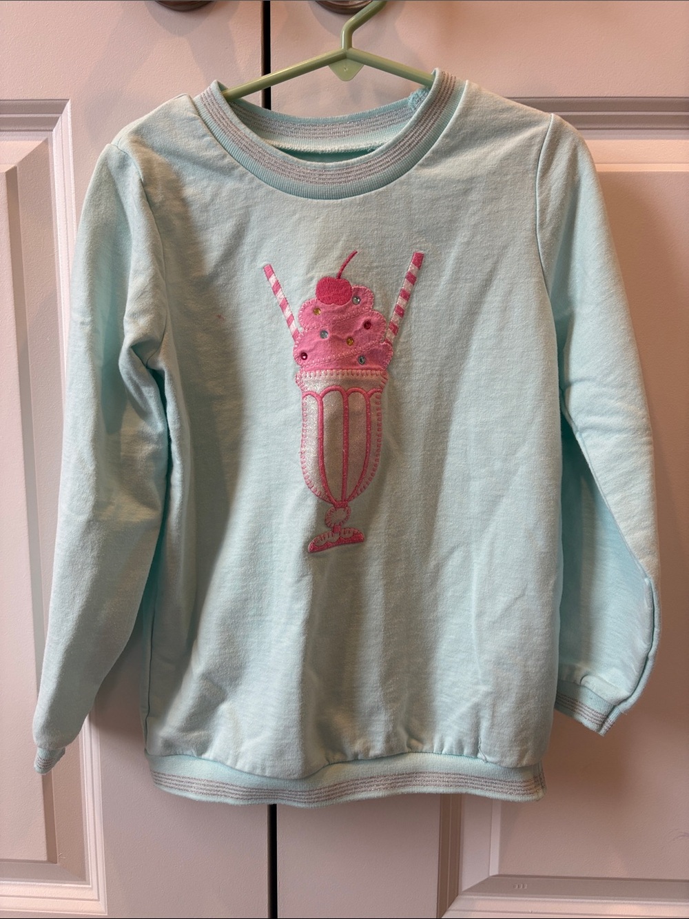 Mud Pie Light Aqua Long-Sleeve Sweatshirt with Pink Milkshake Applique